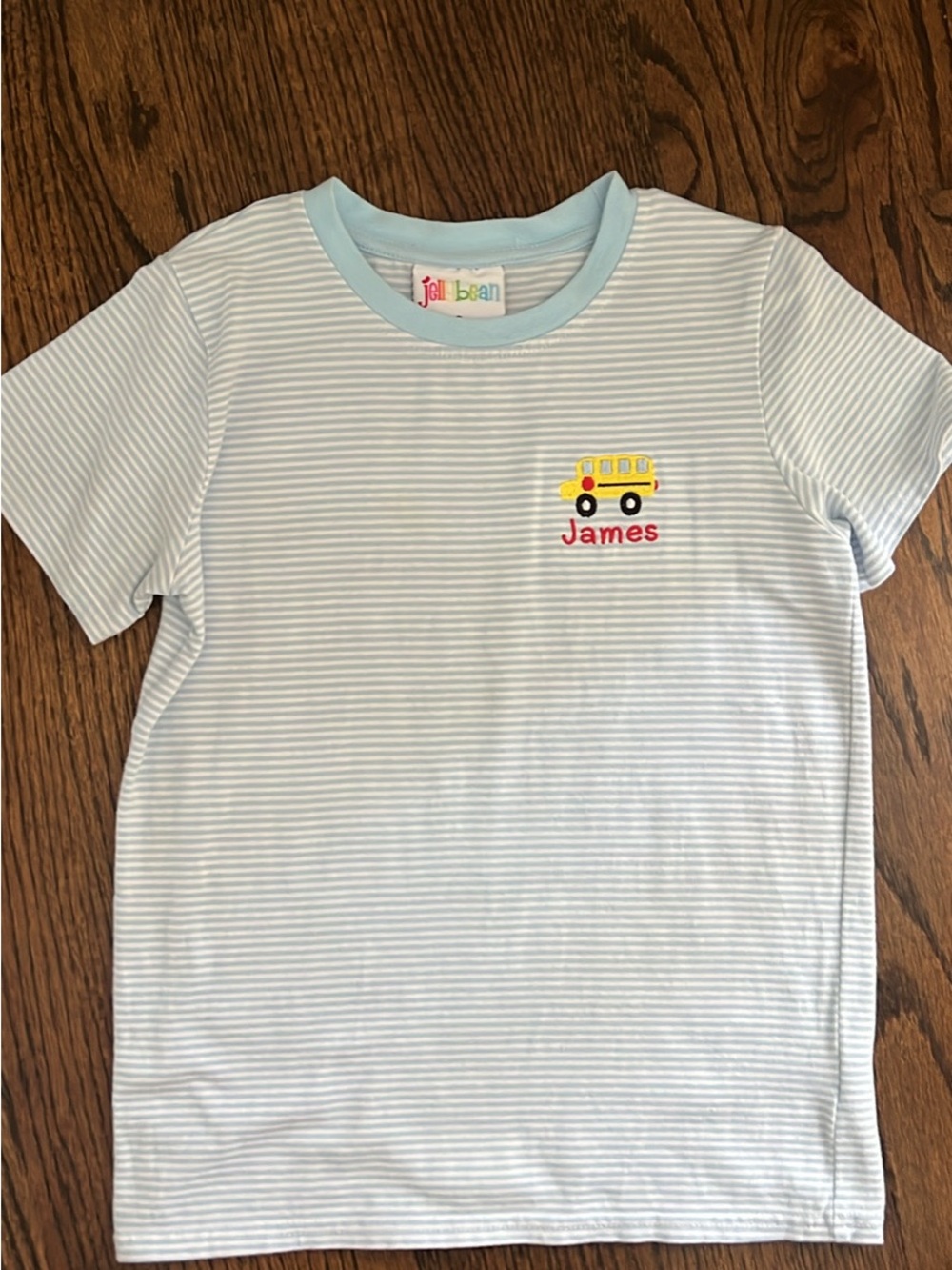 ‘James’ Light Blue Striped Kids Tee with Yellow Bus Embroidery